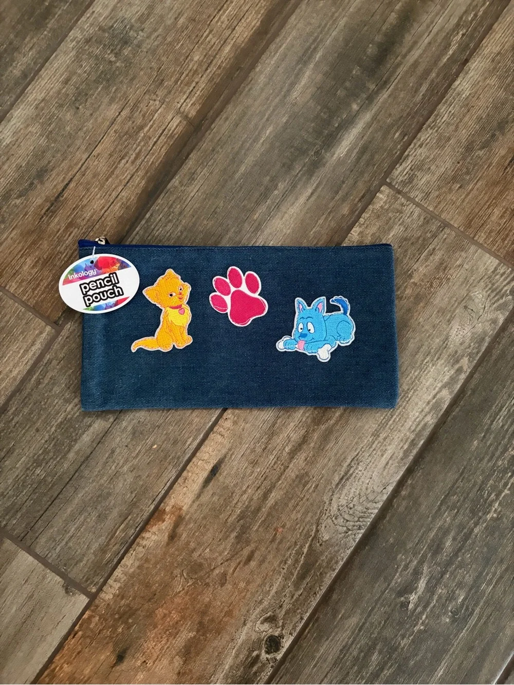 Kids Blue Denim Pencil Pouch with Cute Cat Patches